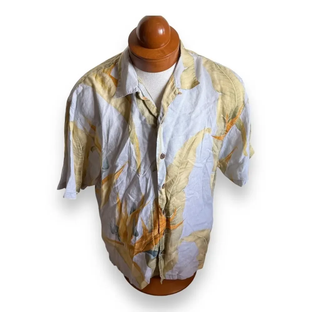 Tommy Bahama Mens Shirt Sz L Linen Blue‎ Yellow Bird of Paradise Flower Buttons